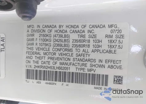 2020 Honda Cr-V Awd Ex z USA, uszkodzony, nr VIN 2HKRW2H53LH662051